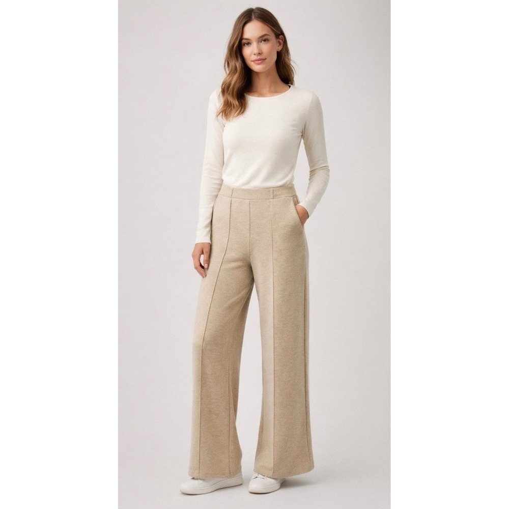 OGL NWT Oatmeal Heather Wide Leg pants Womens L Stretch Lounge Workwear Neutral